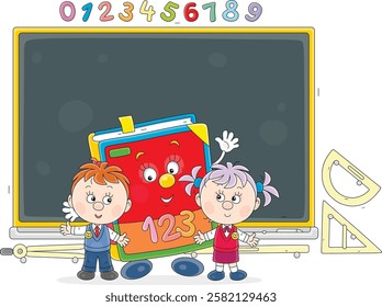 Little first graders and a cartoon character primary mathematics textbook waving in greeting against the background of a class chalkboard, vector cartoon illustration on white