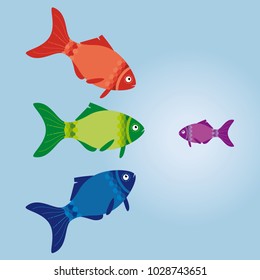 Little fish confrontation with tre bigger fishes, aggresssive attitude