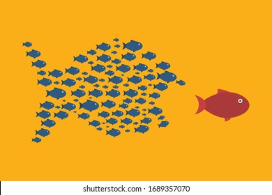 Little Fish Eat Big Fish. Unity, Teamwork, Organize Concept