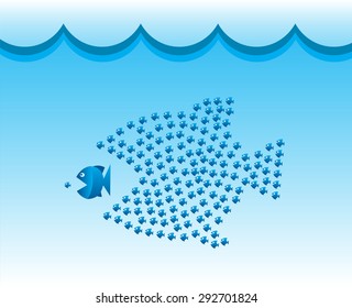 Little Fish Eat Big Fish. Unity, Teamwork, Organize Concept. Fishes unite fight with big fish. vector illustration