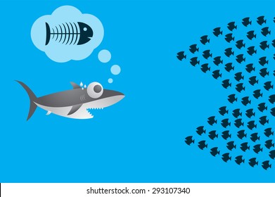 Little Fish Eat Big Fish. Unity, Teamwork, Organize Concept. Fishes unite fight with big fish. vector illustration. sharks