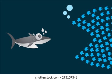 Little Fish Eat Big Fish. Unity, Teamwork, Organize Concept. Fishes unite fight with big fish. vector illustration. sharks