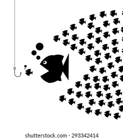 Little Fish Eat Big Fish. Unity, Teamwork, Organize Concept. Fishes unite fight with big fish. vector illustration