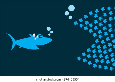 Little Fish Eat Big Fish. Unity, Teamwork, Organize Concept. Fishes unite fight with big fish. vector illustration. sharks