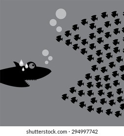 Little Fish Eat Big Fish. Unity, Teamwork, Organize Concept. Fishes unite fight with big fish. vector illustration. sharks