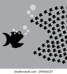 Little Fish Eat Big Fish. Unity, Teamwork, Organize Concept. Fishes unite fight with big fish. vector illustration.