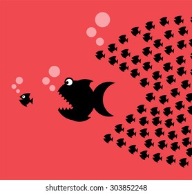 Little Fish Eat Big Fish. Unity, Teamwork, Organize Concept. Fishes unite fight with big fish. vector illustration
