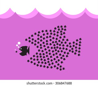 Little Fish Eat Big Fish. Unity, Teamwork, Organize Concept. Fishes unite fight with big fish. vector illustration