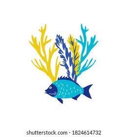 Little Fish Floating Among Sea Weeds Vector Illustration. Sea Animal and Wild Underwater Fauna Concept