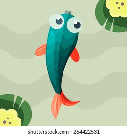 Little Fish in pond with water lilies in flat design 