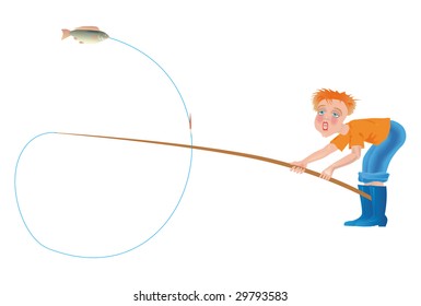 A little fisherman took fish on a white background