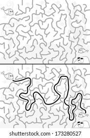 Little fishes maze for kids with a solution in black and white