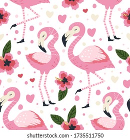 Little flamingo bird vector seamless pattern. Cartoon tropical summer background with pink exotic jungle animal, tropic palm and flowers. Kid illustration.