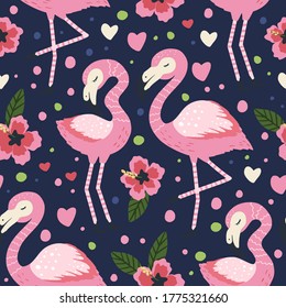 Little flamingo birds vector seamless pattern. Cartoon tropical summer background with pink exotic jungle animal, tropic palm and flowers. Textile print.