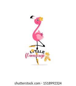 Little flamingo and pointe shoes. Prima ballet. Yellow pointe shoes for pink flamingos. Flamingo is dancing.Vector illustration isolated on a white background.