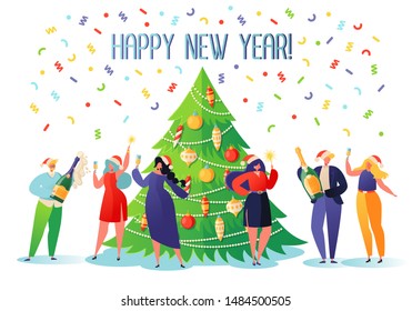 Little flat characters celebrating New Year party. Happy people in santa hat toasting champagne. Christmas event with cartoons, confetti and big, bright Christmas tree, decorated with colorful toys.