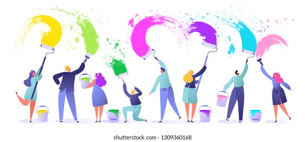 Little, flat, people characters paints with brushes and paint rollers big white wall, They use bright colors, make bold expressive brushstrokes.  Flat, cartoon, trendy, vector illustration.