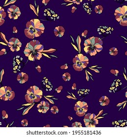 Little floral Pattern with Cute Daisy Flowers and Pansies. Delicate Texture in Rustic Style. Vector illustration background.