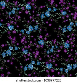 Little Floral Seamless Pattern with Cute Daisy Flowers and Pansies. Girlie Texture in Liberty Style for Linen, Textile, Chintz. Vector Spring Rapport.