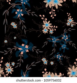 Little Floral Seamless Pattern with Cute Daisy Flowers and Pansies. Feminine Texture in Rustic Style for Curtains, Calico, Textile. Vector Spring Rapport.