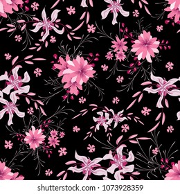 Little Floral Seamless Pattern with Cute Daisy Flowers and Pansies. Girlie Texture in Country Style for Linen, Textile, Wallpaper. Vector Spring Rapport.
