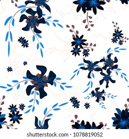 Little Floral Seamless Pattern with Cute Daisy Flowers and Pansies. Trendy Texture in Country Style for Fabric, Calico, Paper. Vector Spring Rapport.