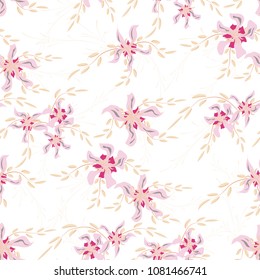 Little Floral Seamless Pattern with Cute Daisy Flowers and Pansies. Delicate Texture in Liberty Style for Fabric, Calico, Paper. Vector Spring Rapport.