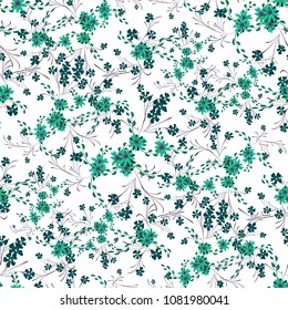 Little Floral Seamless Pattern with Cute Daisy Flowers and Pansies. Delicate Texture in Liberty Style for Fabric, Print, Textile. Vector Spring Rapport.