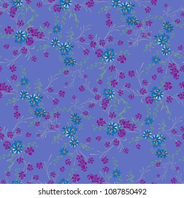 Little Floral Seamless Pattern with Cute Daisy Flowers and Pansies. Feminine Texture in Liberty Style for Linen, Calico, Chintz. Vector Spring Rapport.