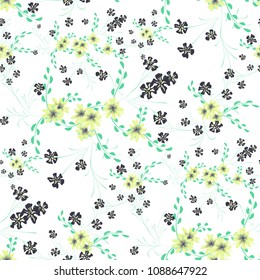 Little Floral Seamless Pattern with Cute Daisy Flowers and Pansies. Pretty Texture in Liberty Style for Curtains, Calico, Textile. Vector Spring Rapport.