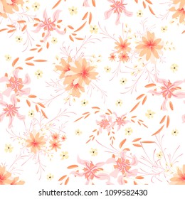 Little Floral Seamless Pattern with Cute Daisy Flowers and Pansies. Girlie Texture in Liberty Style for Curtains, Print, Textile. Vector Spring Rapport.