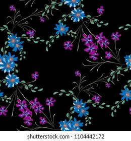 Little Floral Seamless Pattern with Cute Daisy Flowers and Pansies. Trendy Texture in Rustic Style for Curtains, Print, Textile. Vector Spring Rapport.