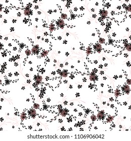 Little Floral Seamless Pattern with Cute Daisy Flowers and Pansies. Girlie Texture in Rustic Style for Fabric, Calico, Chintz. Vector Spring Rapport.