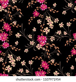 Little Floral Seamless Pattern with Cute Daisy Flowers and Pansies. Feminine Texture in Rustic Style for Linen, Calico, Chintz. Vector Spring Rapport.