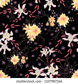 Little Floral Seamless Pattern with Cute Daisy Flowers and Pansies. Feminine Texture in Country Style for Fabric, Calico, Paper. Vector Spring Rapport.