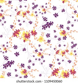 Little Floral Seamless Pattern with Cute Daisy Flowers and Pansies. Pretty Texture in Rustic Style for Curtains, Calico, Textile. Vector Spring Rapport.