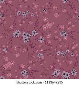 Little Floral Seamless Pattern with Cute Daisy Flowers and Pansies. Feminine Texture in Liberty Style for Fabric, Calico, Chintz. Vector Spring Rapport.