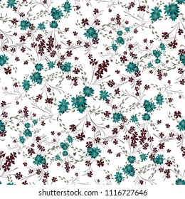 Little Floral Seamless Pattern with Cute Daisy Flowers and Pansies. Trendy Texture in Rustic Style for Curtains, Calico, Paper. Vector Spring Rapport.