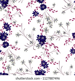 Little Floral Seamless Pattern with Cute Daisy Flowers and Pansies. Girlie Texture in Country Style for Curtains, Calico, Textile. Vector Spring Rapport.