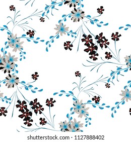 Little Floral Seamless Pattern with Cute Daisy Flowers and Pansies. Pretty Texture in Country Style for Curtains, Print, Textile. Vector Spring Rapport.