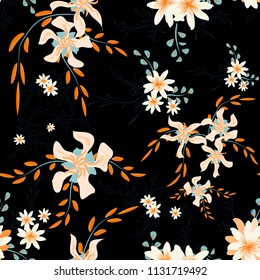 Little Floral Seamless Pattern with Cute Daisy Flowers and Pansies. Girlie Texture in Rustic Style for Linen, Calico, Chintz. Vector Spring Rapport.