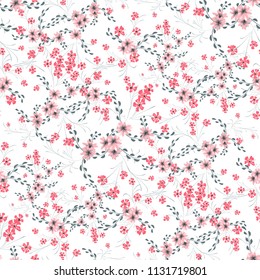 Little Floral Seamless Pattern with Cute Daisy Flowers and Pansies. Trendy Texture in Rustic Style for Cloth, Textile, Wallpaper. Vector Spring Rapport.