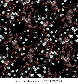 Little Floral Seamless Pattern with Cute Daisy Flowers and Pansies. Feminine Texture in Liberty Style for Fabric, Calico, Paper. Vector Spring Rapport.