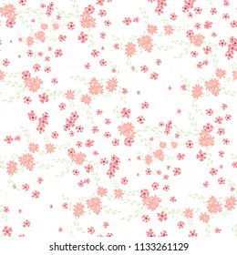 Little Floral Seamless Pattern with Cute Daisy Flowers and Pansies. Girlie Texture in Liberty Style for Linen, Calico, Chintz. Vector Spring Rapport.