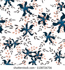 Little Floral Seamless Pattern with Cute Daisy Flowers and Pansies. Feminine Texture in Country Style for Linen, Textile, Wallpaper. Vector Spring Rapport.