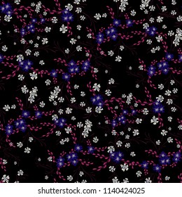 Little Floral Seamless Pattern with Cute Daisy Flowers and Pansies. Pretty Texture in Country Style for Fabric, Print, Textile. Vector Spring Rapport.