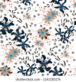 Little Floral Seamless Pattern with Cute Daisy Flowers and Pansies. Trendy Texture in Liberty Style for Linen, Textile, Chintz. Vector Spring Rapport.