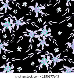 Little Floral Seamless Pattern with Cute Daisy Flowers and Pansies. Girlie Texture in Liberty Style for Curtains, Print, Textile. Vector Spring Rapport.
