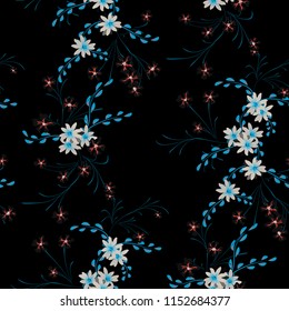 Little Floral Seamless Pattern with Cute Daisy Flowers and Pansies. Pretty Texture in Country Style for Linen, Textile, Chintz. Vector Spring Rapport.