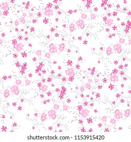 Little Floral Seamless Pattern with Cute Daisy Flowers and Pansies. Delicate Texture in Rustic Style for Cloth, Textile, Wallpaper. Vector Spring Rapport.